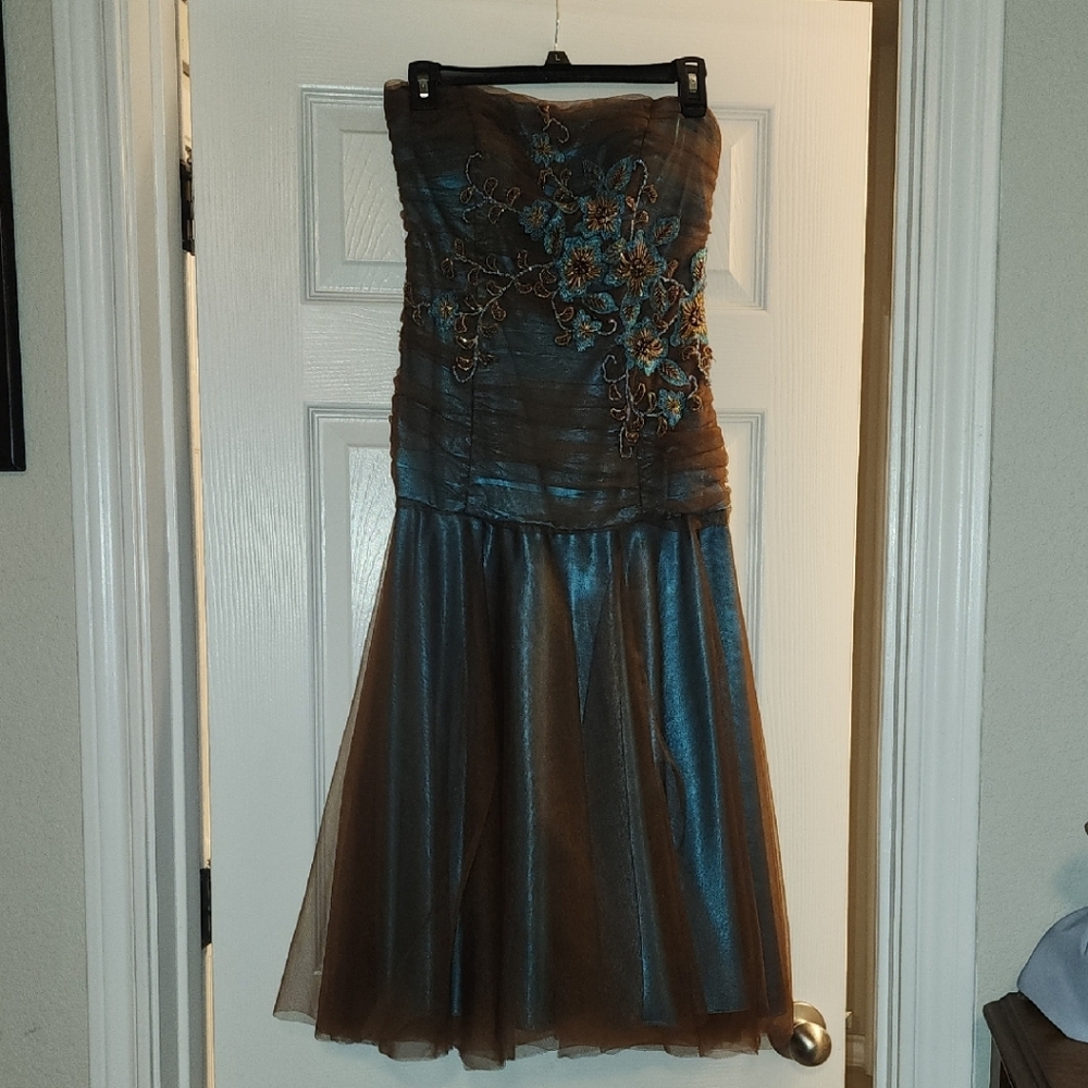 Brown and Blue Strapless Tiered Formal Gown